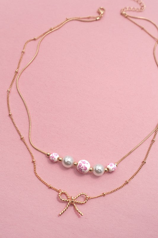 Porcelain Bead Layer Necklace - Pink