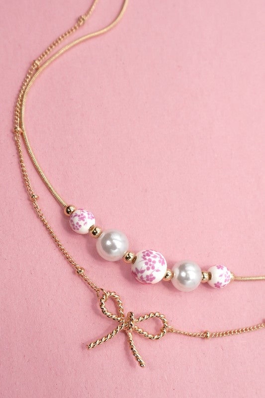 Porcelain Bead Layer Necklace - Pink