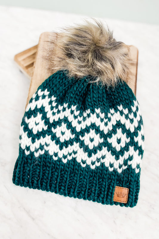 Teal & White Pom Hat