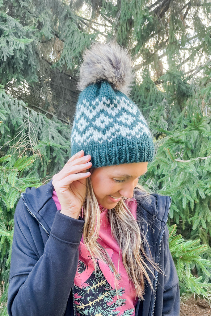 Teal & White Pom Hat