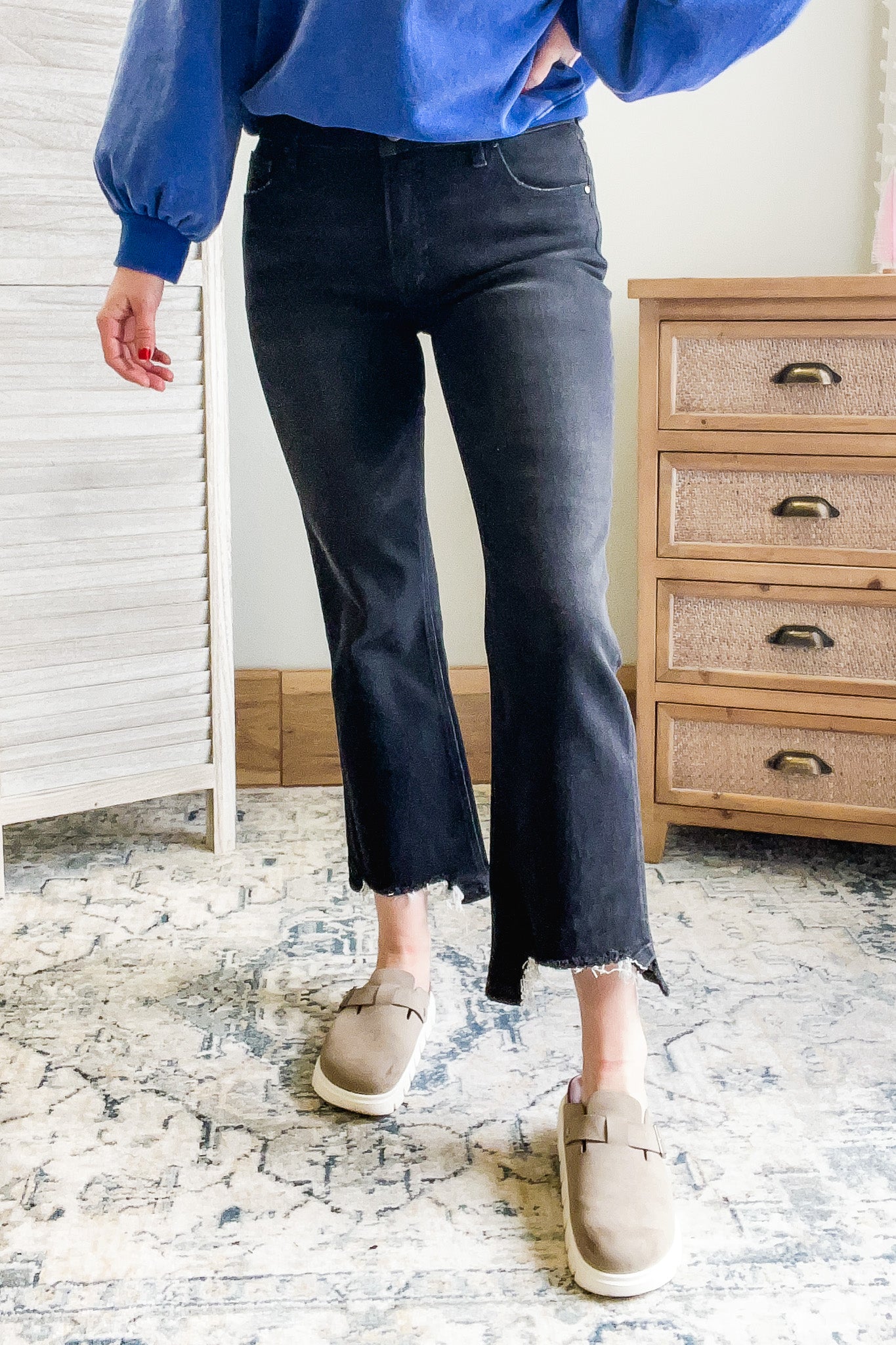 womens black mid-rise step hem risen jeans