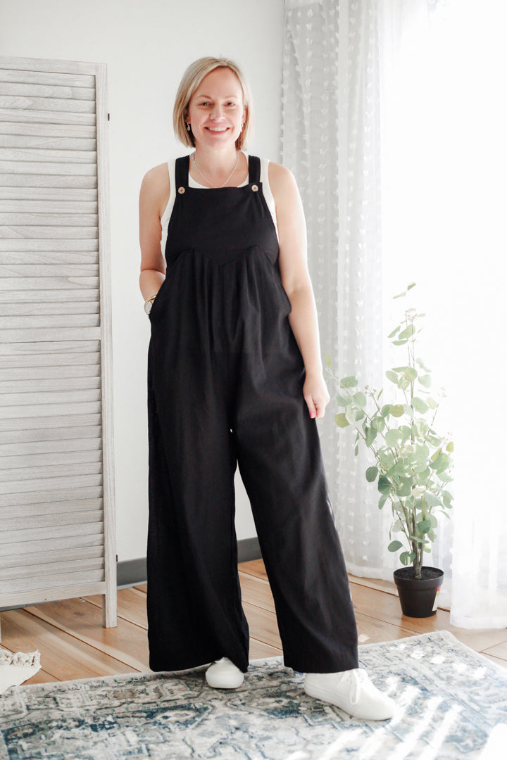 Black wide leg overalls on sale