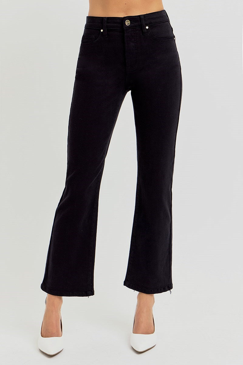 Women's high rise straight denim with tummy control elastic band.