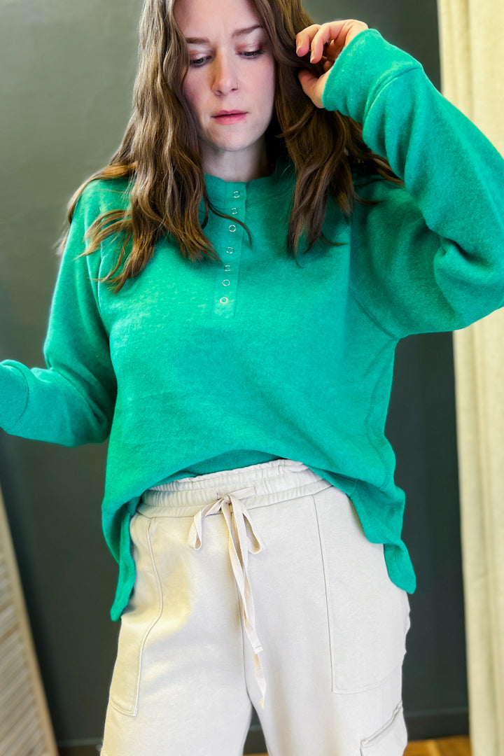 Oversized henley top with flattering hi-low hem green
