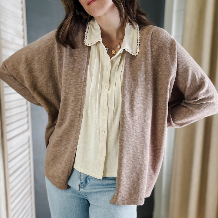 Knit open cardigan with dolman sleeves tan