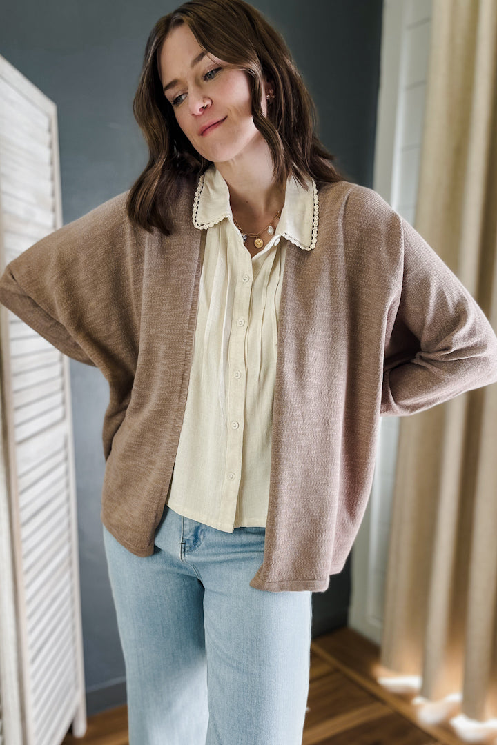 Knit open cardigan with dolman sleeves tan