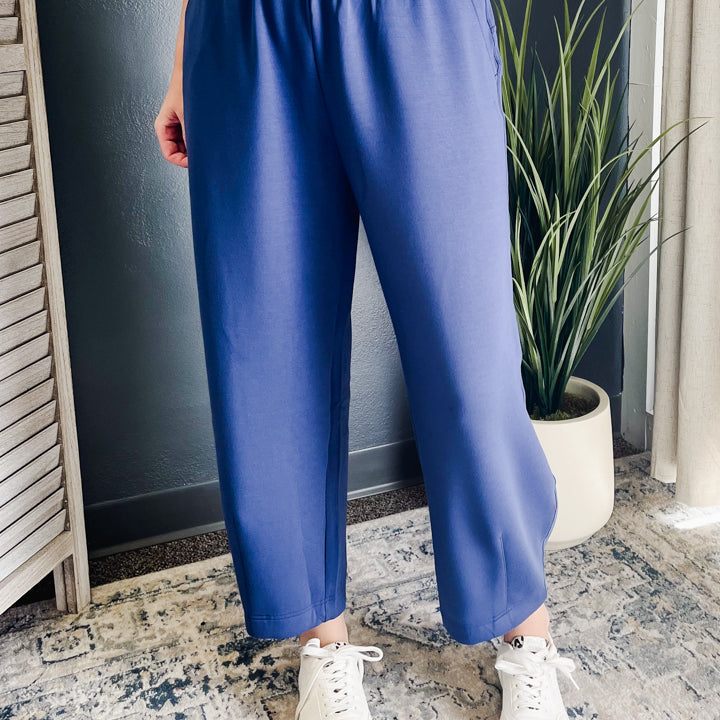 A person wearing loose, wide-leg blue pants with an elastic waistband, paired with white sneakers, standing indoors on a patterned rug near a potted plant.