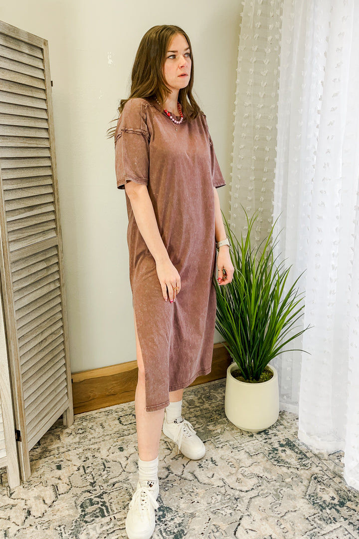 Women's mineral washed midi length dress brown