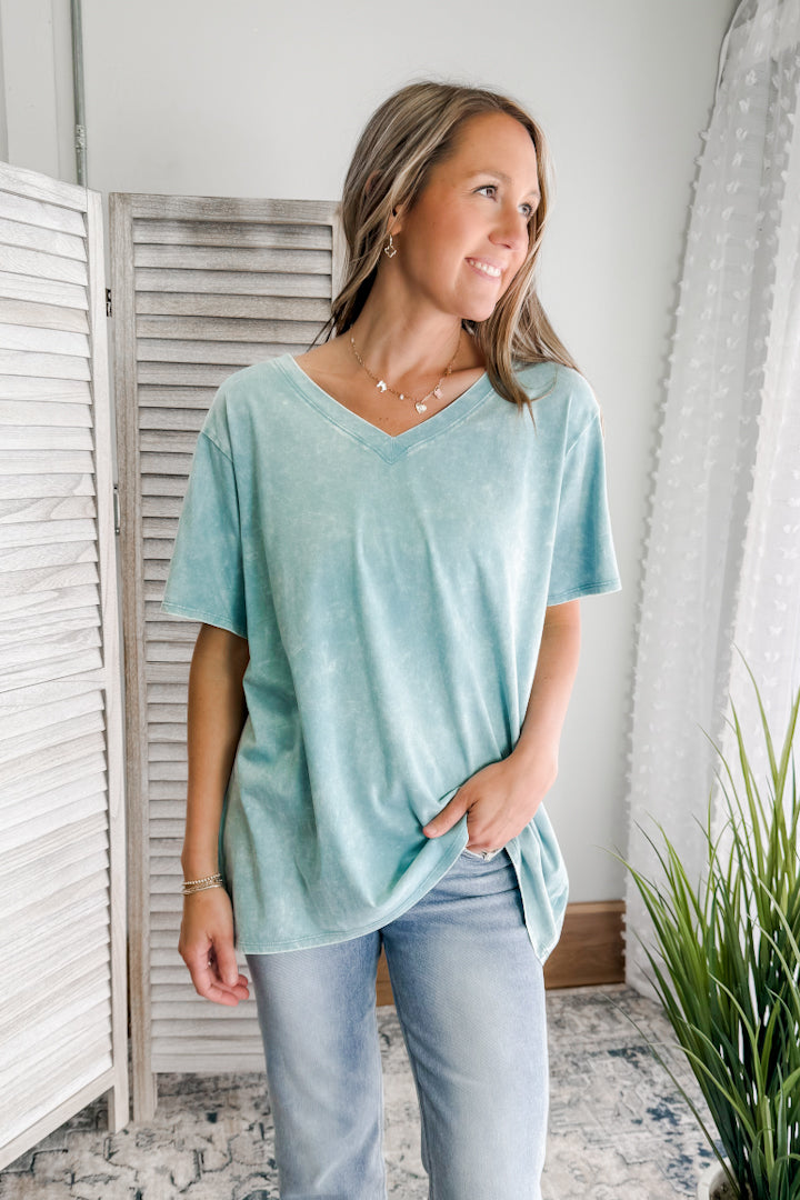 Mineral washed tee shirt top for curvy women Mint aqua short sleeve plus