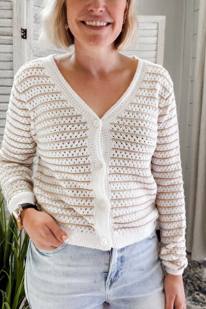 Women's striped knit cardigan sweater tan