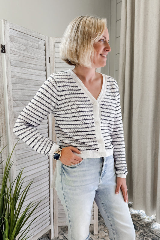 Women's striped knit cardigan sweater navy