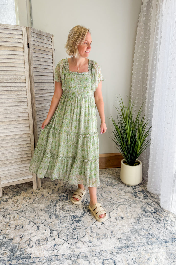 Women's floral tiered dress with square neck