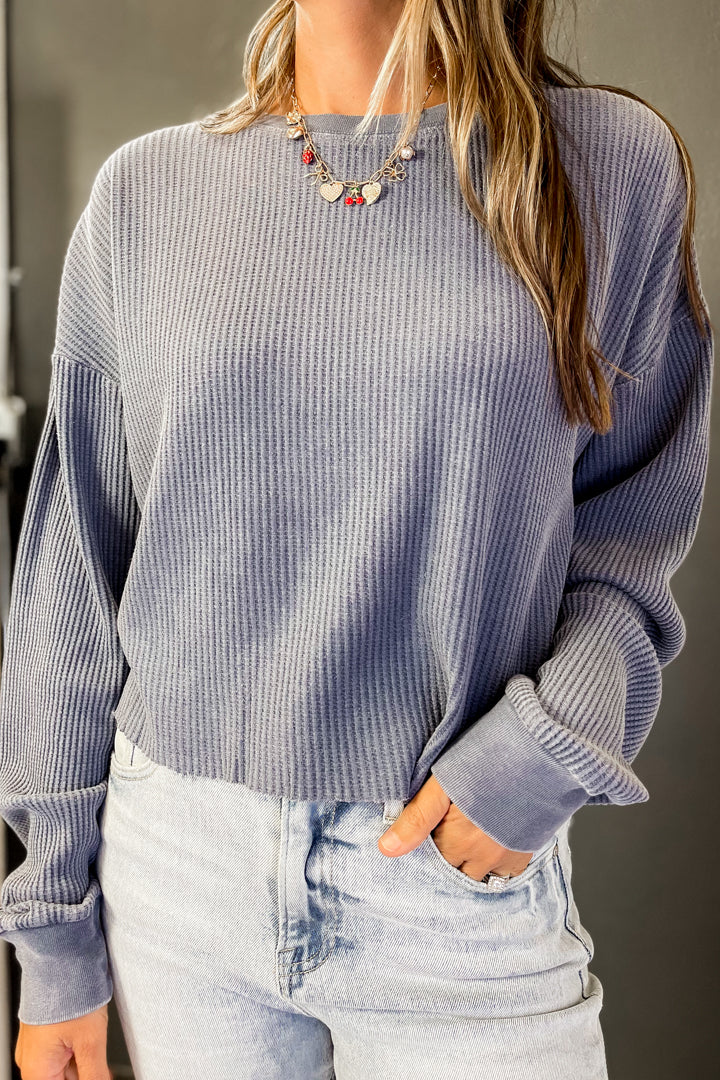 A waffle knit long sleeve top blue