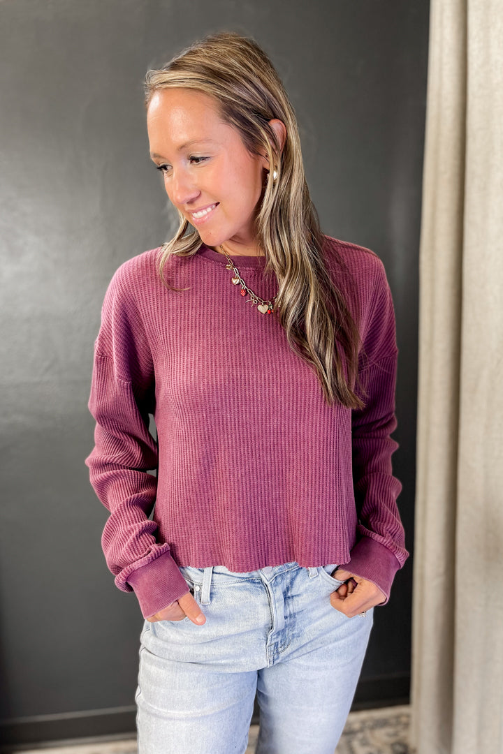A waffle knit long sleeve top burgundy plum