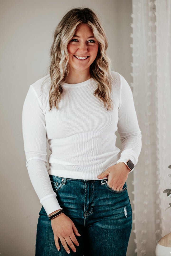 womens waffle knit long sleeve crew neck tee white