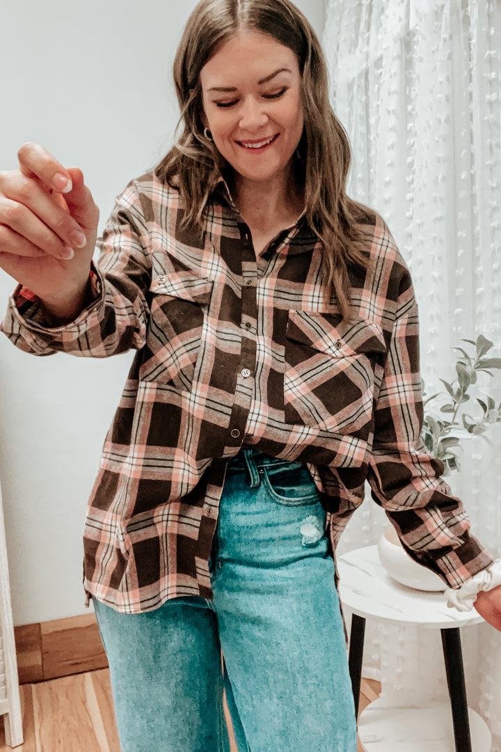 Brown Oversized Flannel Shirt, Tops