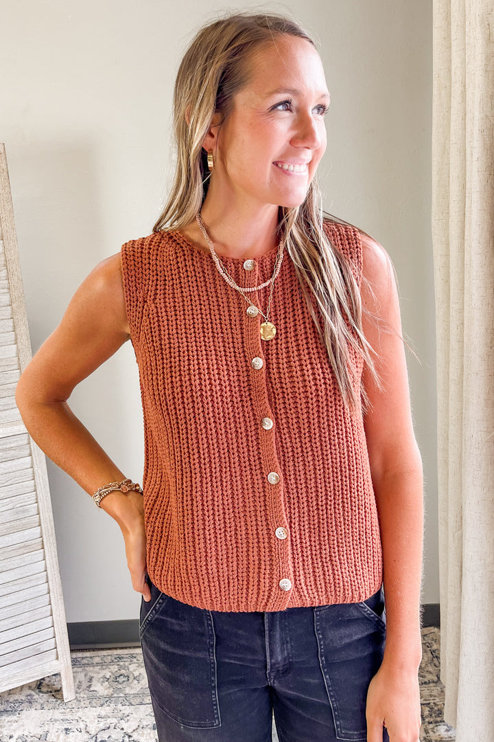 Women's rib knit sweater vest with button front