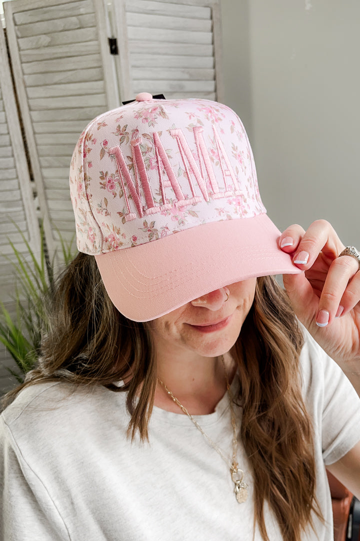 Women's floral patterned hat with MAMA embroidery pink