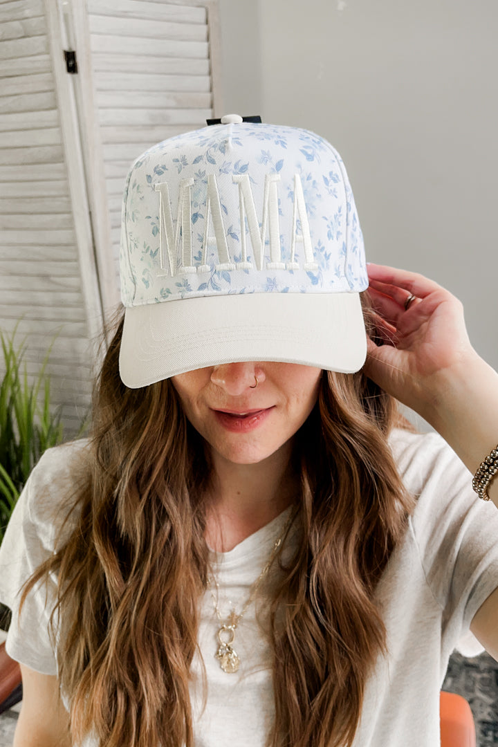 Women's floral patterned hat with MAMA embroidery blue toile