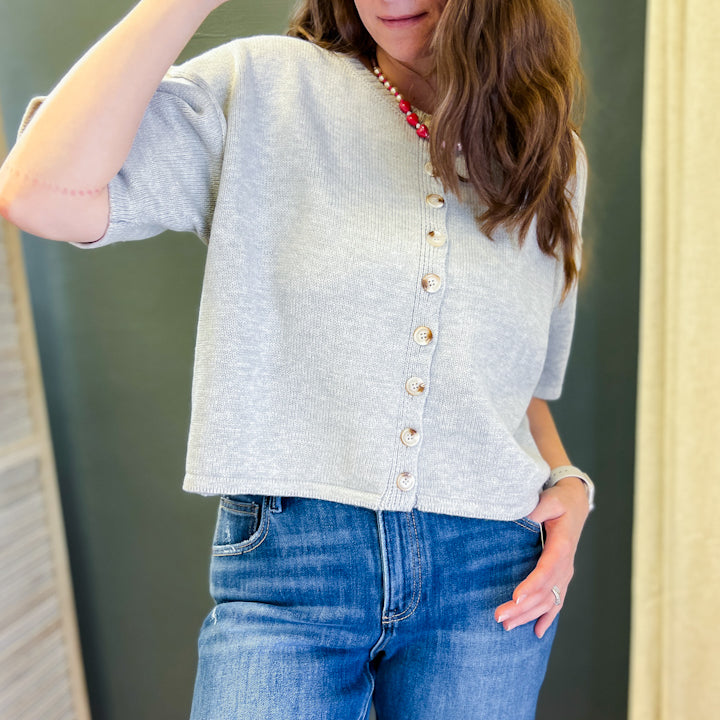 Oversized, boxy button up cardigan sweater grey
