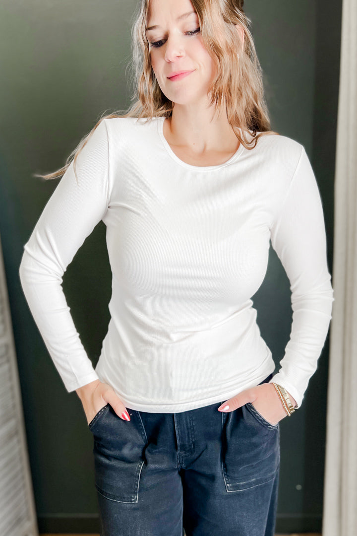 Women's ribbed long sleeve fitted top white