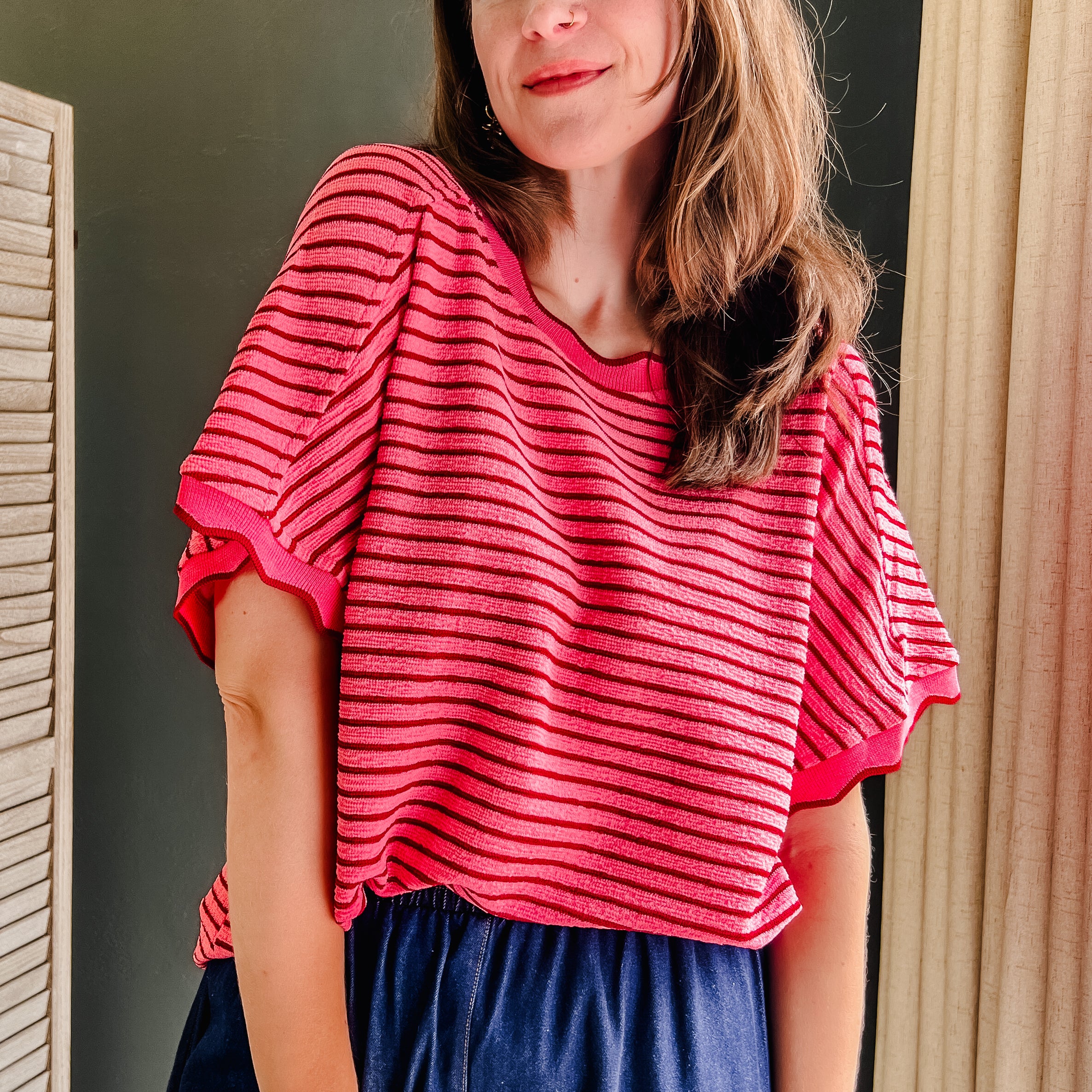 pink Stripe textured scallop trim top for women.