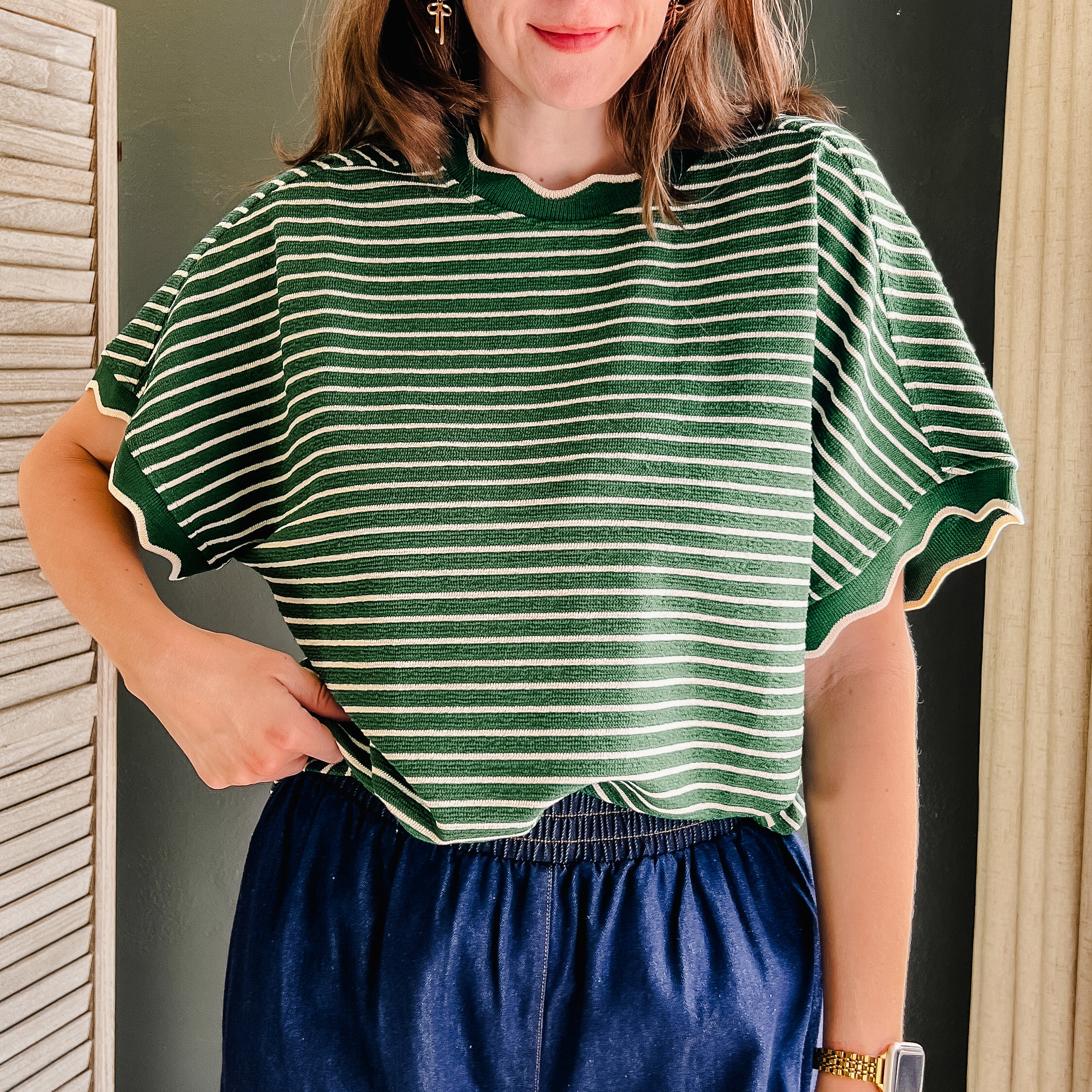 green Stripe textured scallop trim top for women.