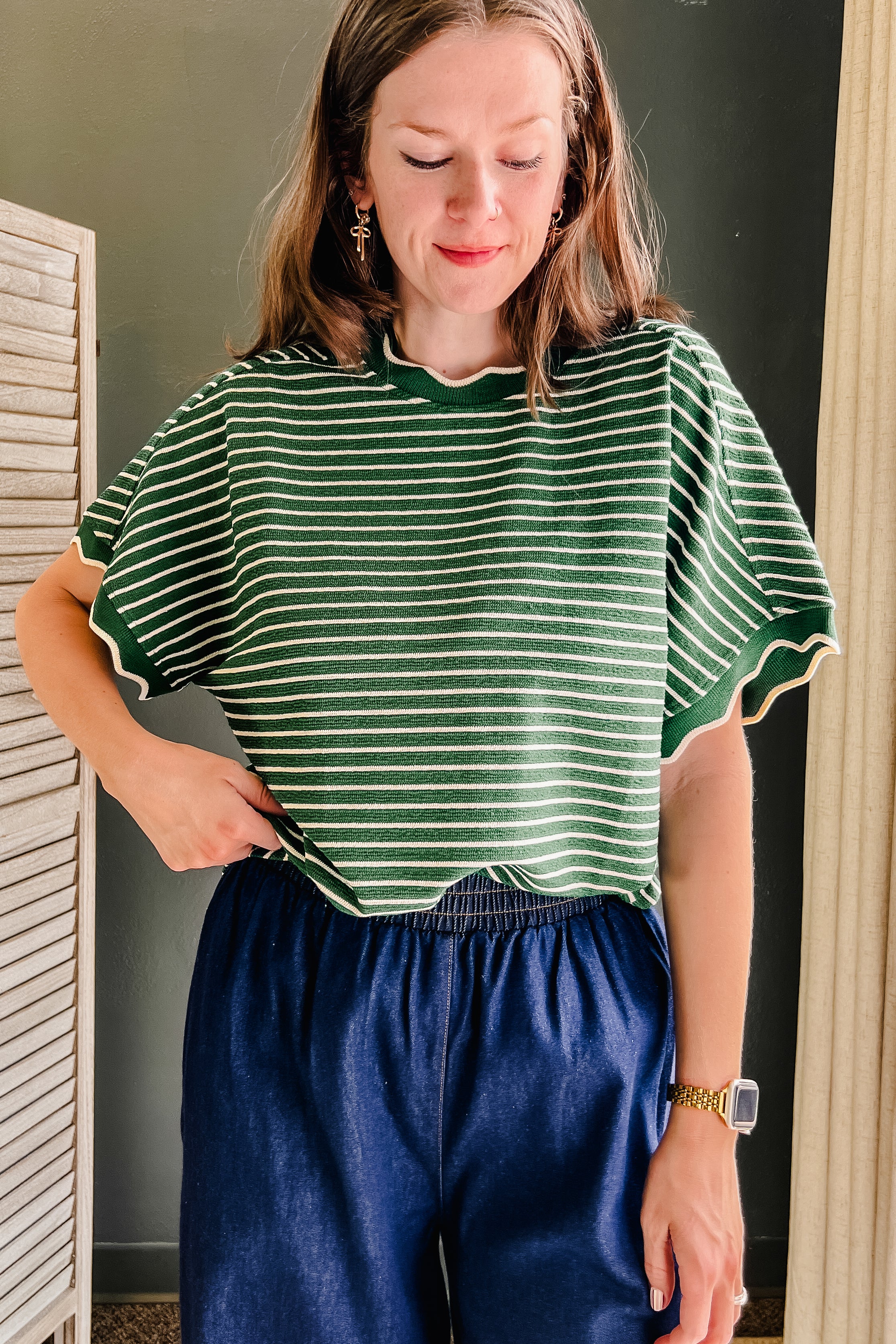 green Stripe textured scallop trim top for women.