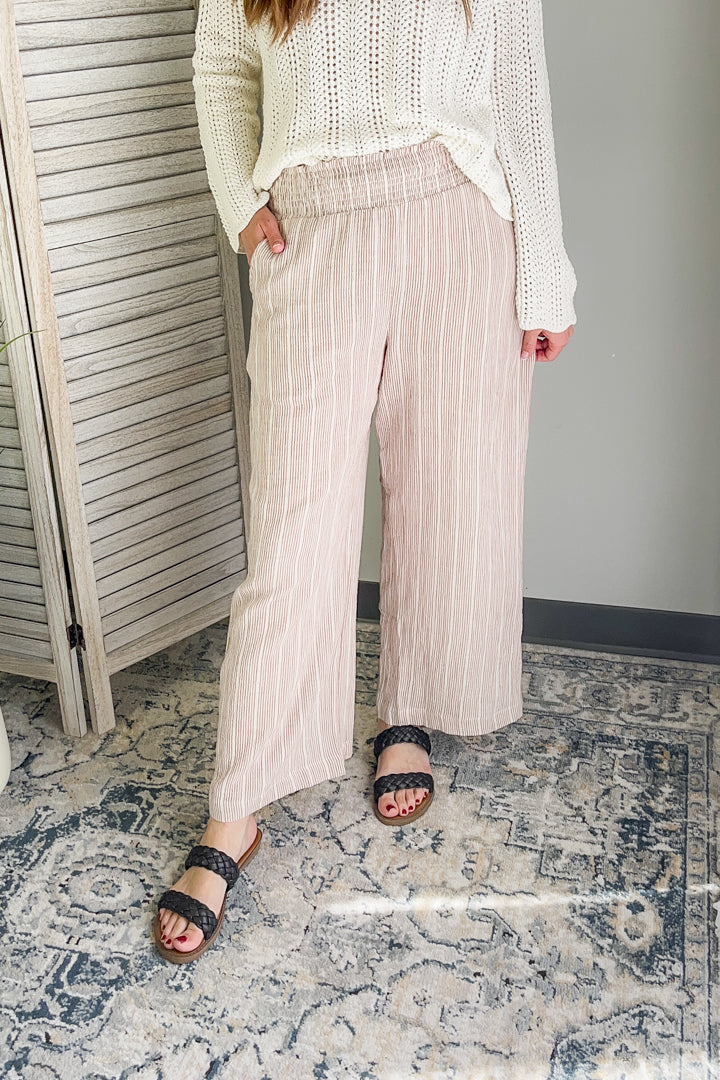 Women's gauze pants with smocked waist brown white