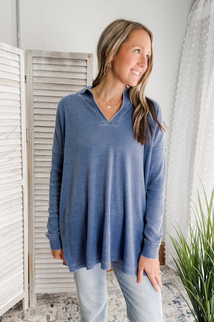 Women's waffle knit pullover with collar detail Blue