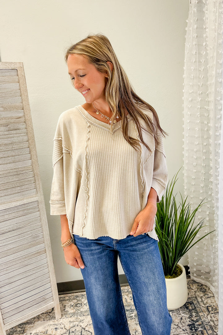 Women's mineral washed thermal knit top beige