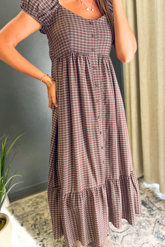 Plaid Puff Sleeve Maxi Dress
