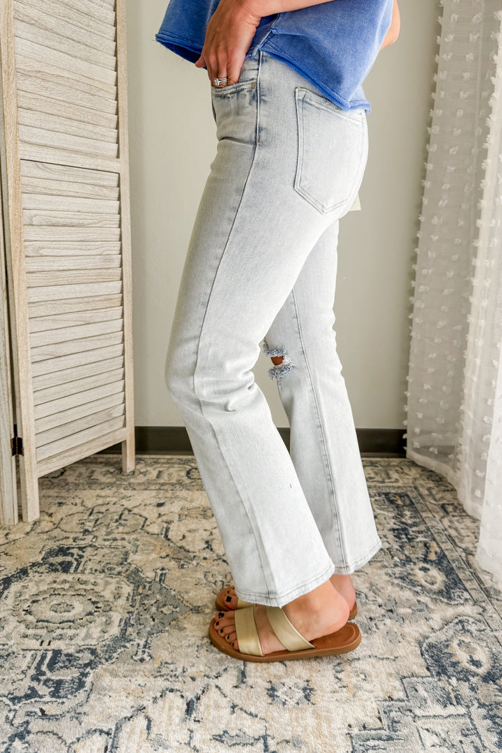High Rise Distressed Ankle Flare