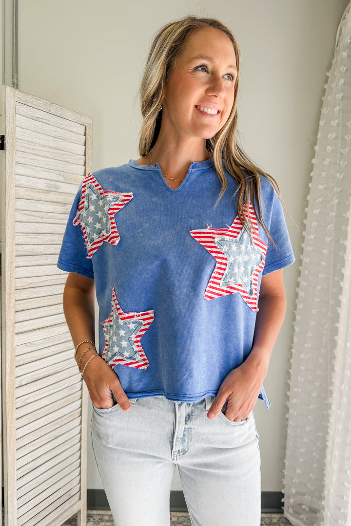 Women's mineral washed star patch top blue red white america