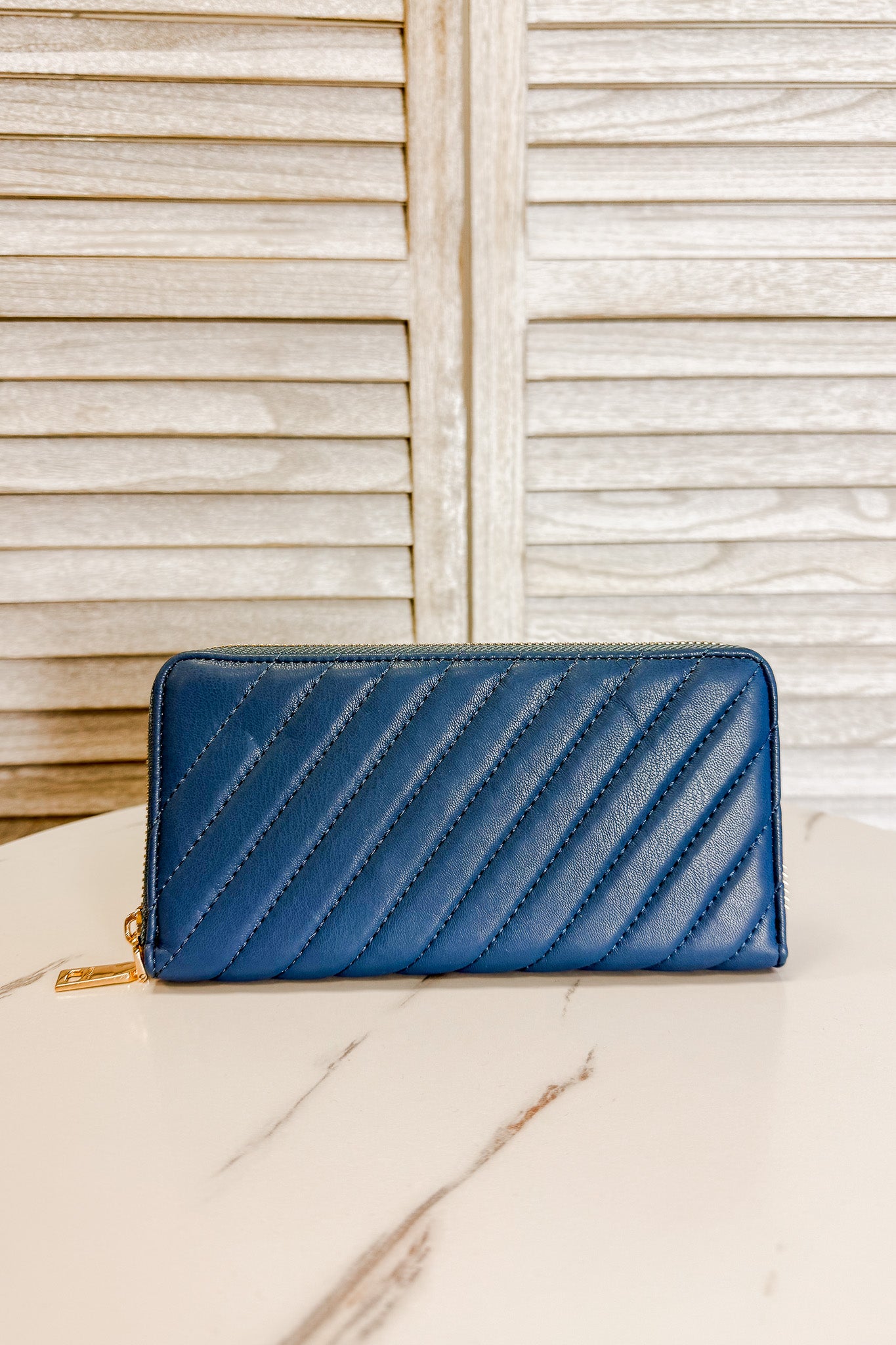 quilted, multi-compartment wallet blue