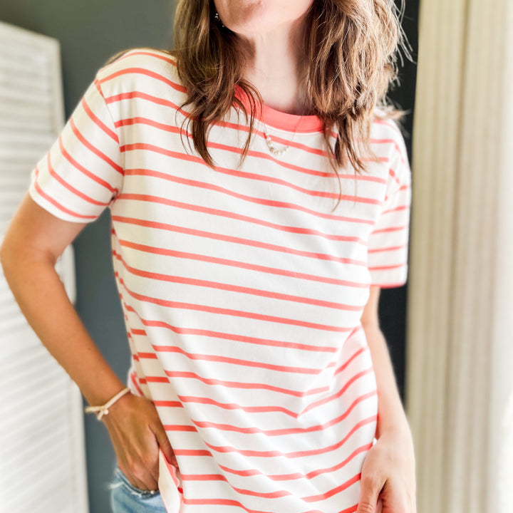 Boxy striped tee with crew neckline coral pink