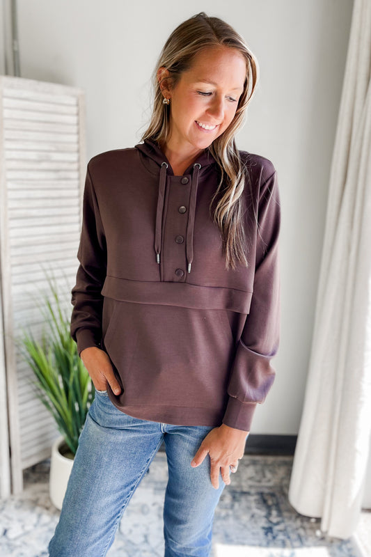 Women's half snap and pocket drawstring hoodie brown