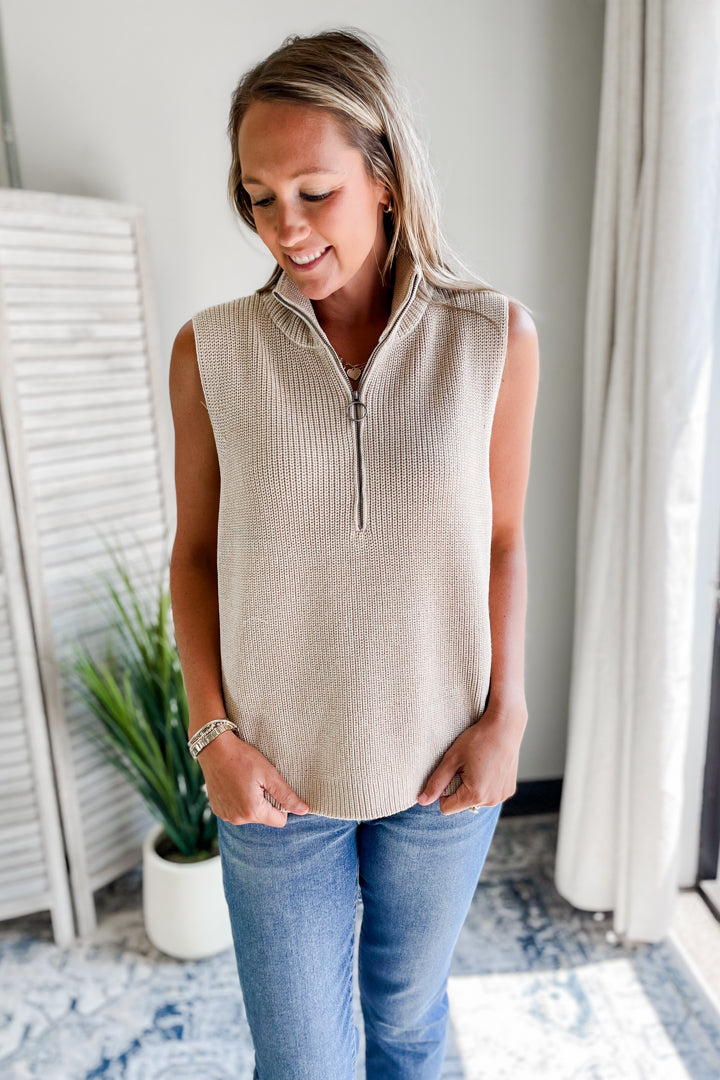 Women's knit quarter zip beige vest