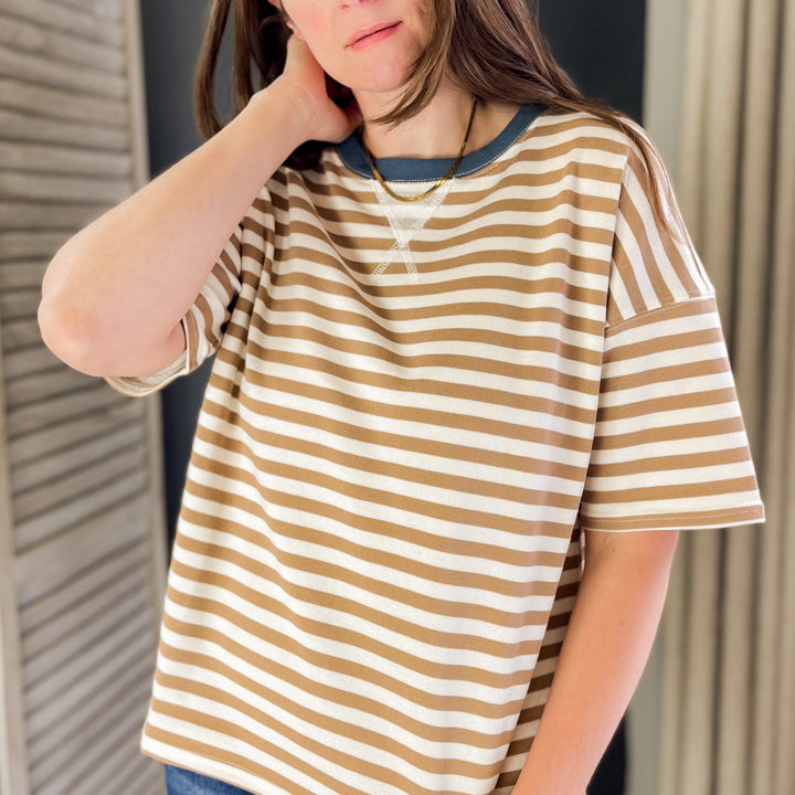 Oversized striped tee with color blocked detail beige blue white