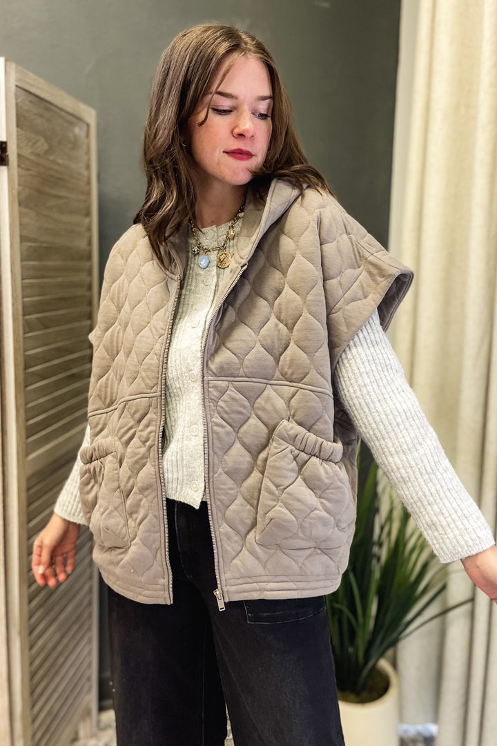 quilted zip hooded vest in grey