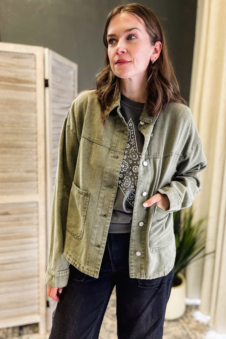 olive green denim jacket