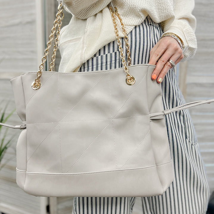 quilted tote with gold chain strap in grey