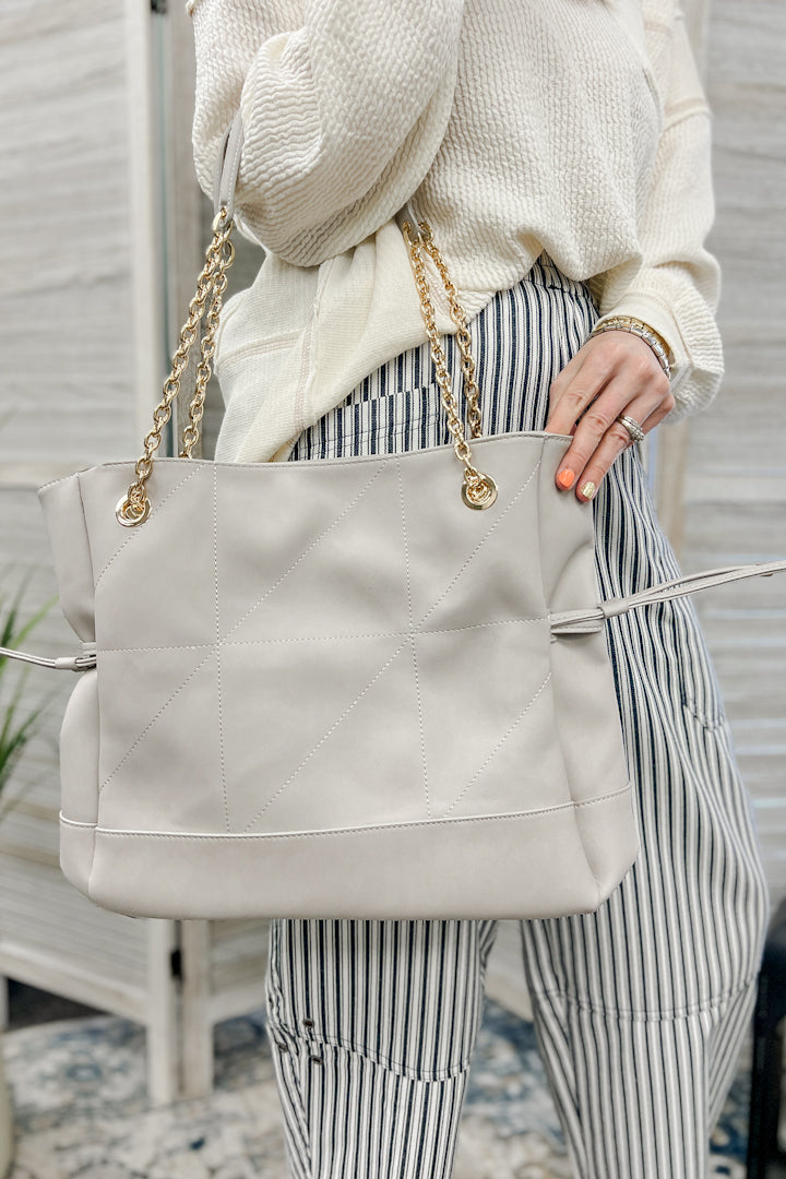 quilted tote with gold chain strap in grey