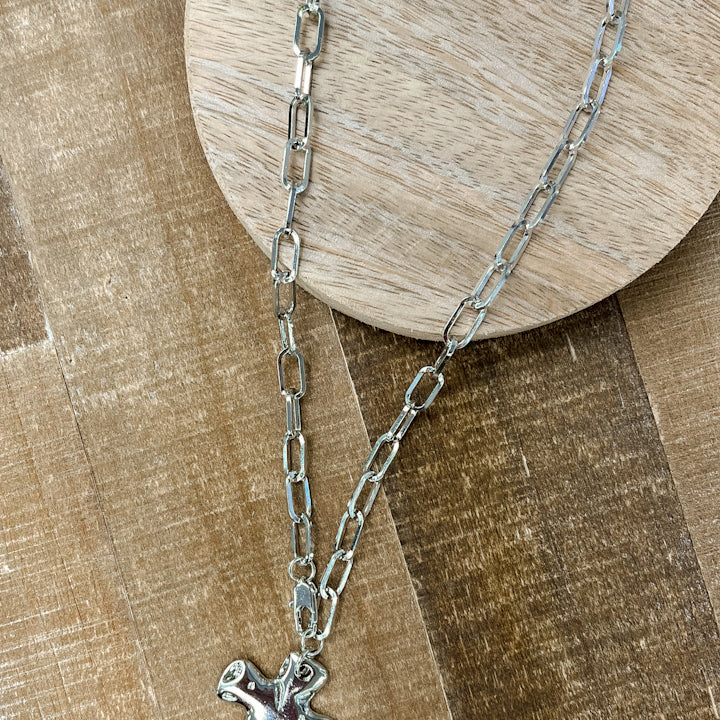 silver cross paperclip chain necklace