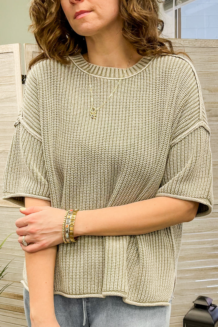 Knit washed short sleeve sweater green