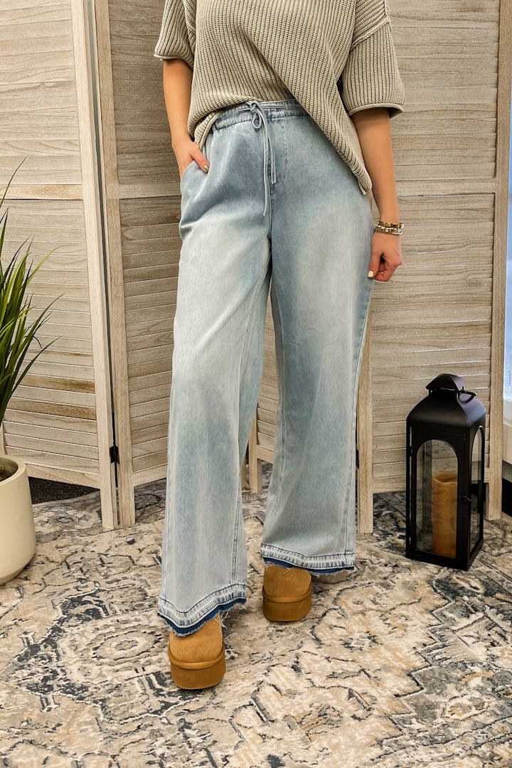 Wide leg pull on pants with drawstring waist