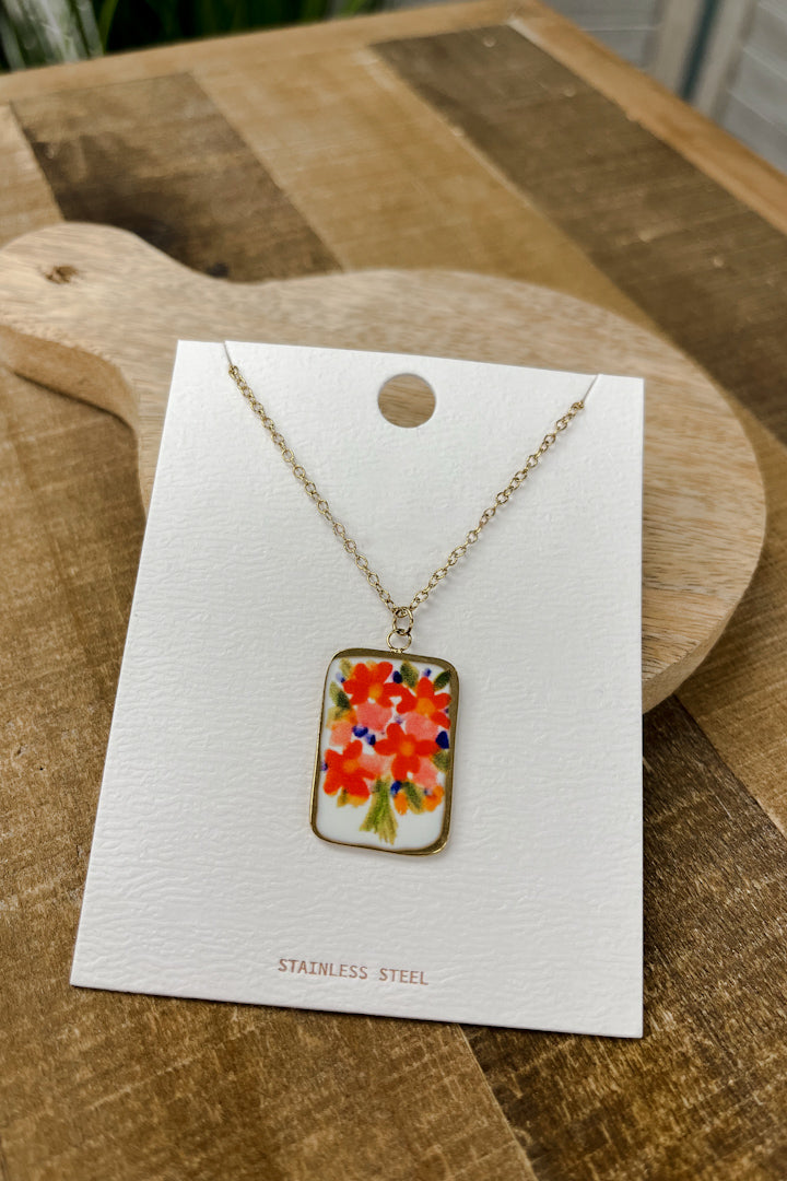 ceramic painted pendant necklace red flowers