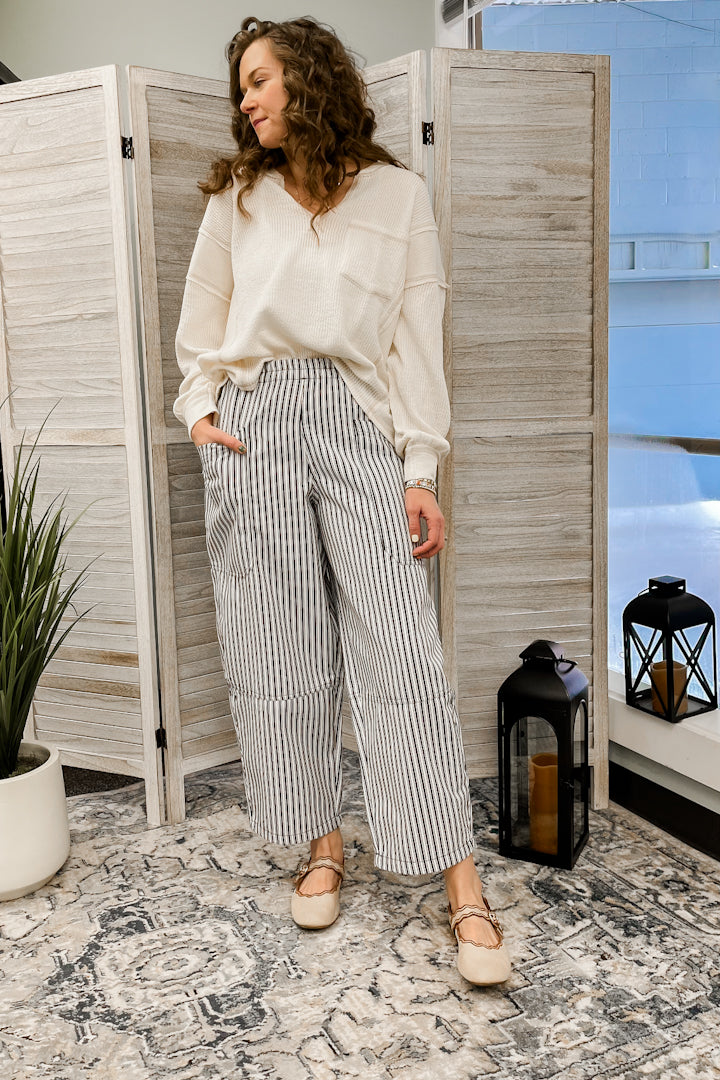 Wide leg striped pants with elastic waist blue white stripe