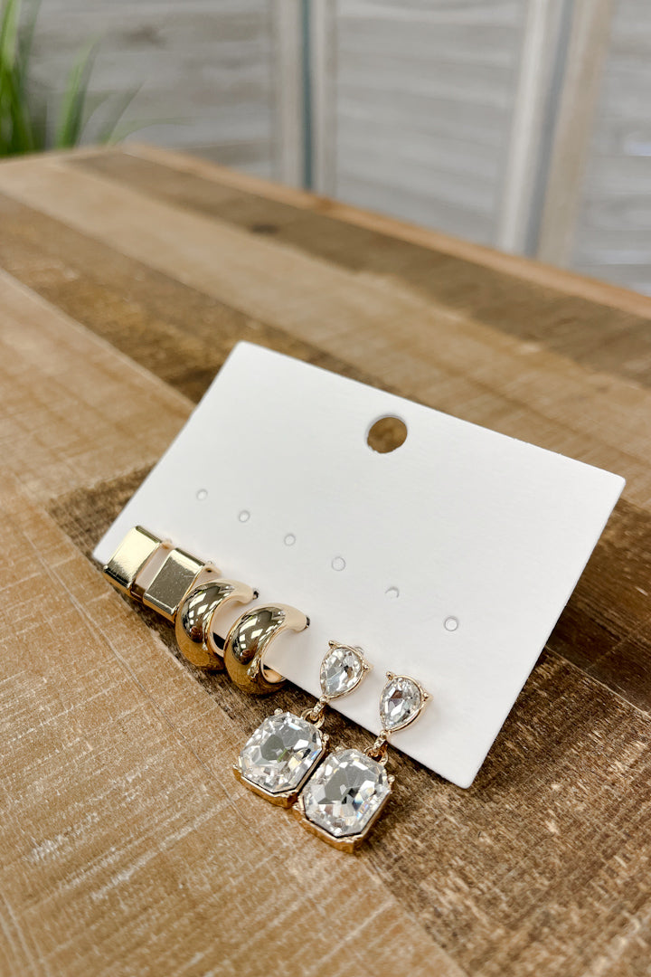 gold and crystal hoop and dangle earrings trio set