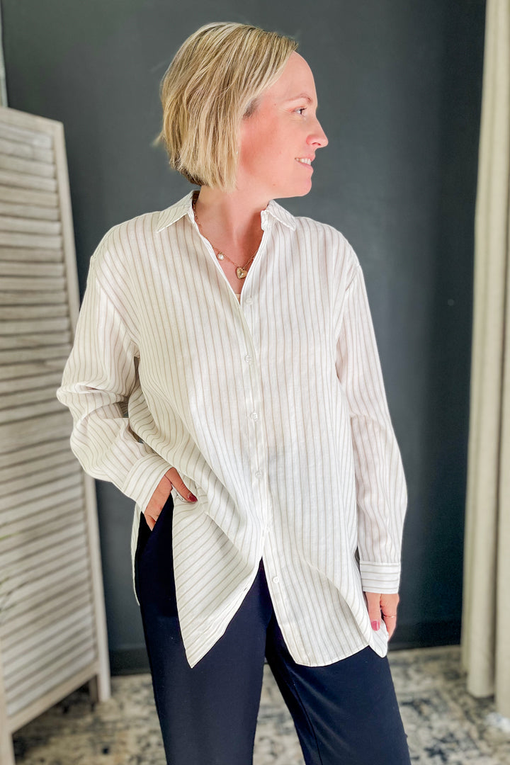 A missy fit button down stripe top for women